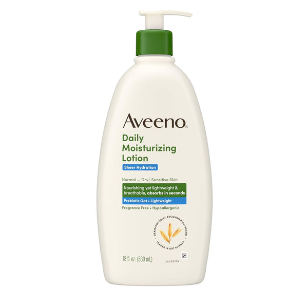 Sheer Hydration Fragrance-Free Daily Moisturizing Lotion with Prebiotic Oat for Dry Skin, Lightweight, Fast-Absorbing Body Moisturizer Nourishes Skin with 48-Hour Moisture, 18 Fl. Oz